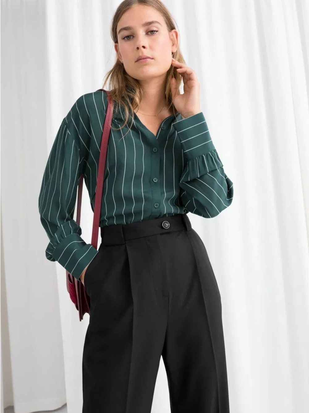 & Other Stories Dark Green Vertical-Stripe Button-Down Silk Shirt - Picture 7 of 8